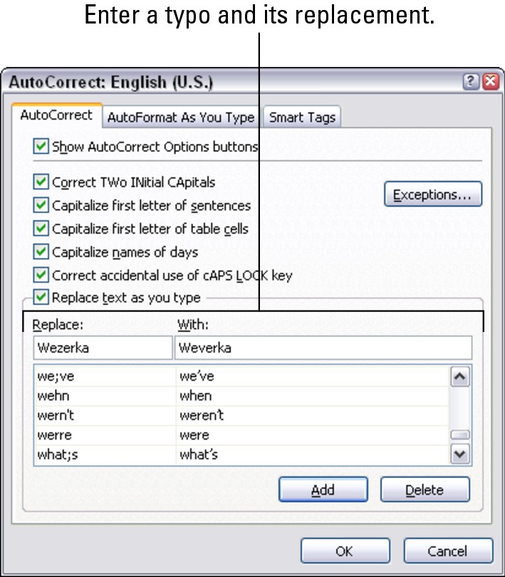 Figure 4-12: As you type, words in the Replace column are replaced automatically with words in the With column.